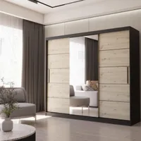 Schwebetürenschrank Kleiderschrank Schrank 250cm Schwarz/Artisan mit Spiegel Alba