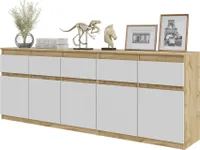 FURNICA - NOAH - Komoda s 5 zásuvkami a 5 dvířky - Komoda do ložnice Úložná skříňka Příborník - dub Wotan / bílá matná V75cm Š200cm D35cm