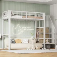 Flieks Etagenbett 90×200cm mit Treppe und Kleiderschrank, Hochbett Jugendbett mit Lattenrost, Kinderbett mit Rausfallschutz, Einzelbett Metallbett, Weiß