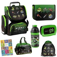 Game Pixel Schulranzen ergonomischer Ranzen Federmappe Turnbeutel Sporttasche Trinkflasche Brotdose Aufgabenheft für die Grundschule 7er-Set. Geeignet ab der ersten Klasse der Grundschule.