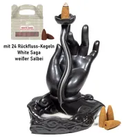 GKA Lotushand Rückfluss Wasserfall mit 24 Rückfluss Räucherkegel weißer Salbei (White Saga) Weihrauchbrenner Lotus Backflow Rückfluß Räuchergefäß