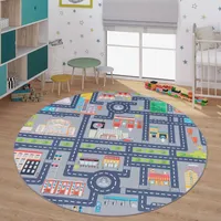 TT Home Spielteppich Kinderzimmer Teppich Kinderteppich Kurzflor Straßen Design, In Grau Größe Ø 160 cm Rund
