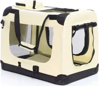 Fudajo Faltbare Transportbox für Hunde, Katzen M (60x42x44cm), robust, leicht, sicher, Hundebox mit Tragegriff und Decke, Beige