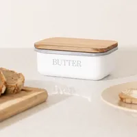 Navaris Eisen Butterdose mit Akaziendeckel - mit Silikon Dichtungsring - 15,5x10,5x6cm - für Butter und andere Lebensmittel - Butterschale weiß