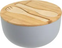 Große Salatschüssel mit Bambusdeckel und Servierbesteck