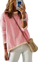 ASKSA Damen Gestreift Pullover Rundhals Langarm Casual Sweater Elegant Strickpullover Sweatshirt, Rot, XXL