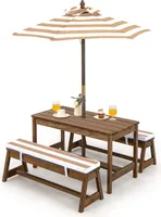 COSTWAY Kinder Picknicktisch mit Bänke, Kissen & Sonnenschirm, Kindersitzgruppe aus Holz, Gartenmöbel für Kleinkinder, Sitzgarnitur Sitzgruppe Kindermöbel-Set für Garten, Hinterhof, Terrasse (Braun)