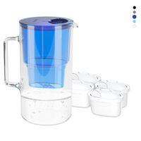 Wessper Wasserfilterkanne aus Glas 2.5 L Kompatibel mit Brita-Wasserfilterkartuschen, Inklusive 4 Wasserfilter-Kartusche, Blau