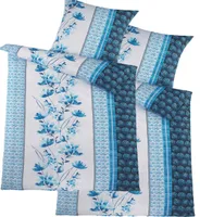 4-TLG. Seersucker Bettwäsche 2X (135x200 +80x80cm), blau weiß, Blüten/Streifen, bügelfrei
