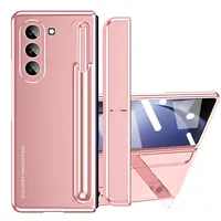 Pouzdro pro Samsung Galaxy Z Fold 5, Galvanizované PC Pouzdro s Držákem na Pero a Stojánkem, Ochranné Pouzdro s Ochranným Sklem růžové zlato
