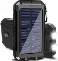 Solar Powerbank 30000mAh Solar Powerbank Panel Ladegerät Tragbar Externe Batterie Ladegerät Akku 2x USB mit Solarpanel und Taschenlampenfunktion, Karabiner und eingebauter Kompass