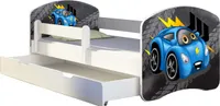 ACMA Jugendbett Kinderbett Junior-Bett Komplett-Set mit Matratze Lattenrost und Rausfallschutz Weiß 05 Blaue Auto 140x70 + Bettkasten