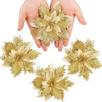 12 Stück glitzernde Weihnachtssterne, 14 cm, künstliche Blumen, Weihnachten, mit Clips, Stielen, Weihnachtsbaumschmuck für Hochzeit, Party, Kranzdekoration (gold)