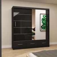 Schwebetürenschrank Kleiderschrank Schrank 203 cm Schwarz/Schwarz semigloss mit Spiegel Florence