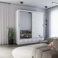 Schwebetürenschrank Kleiderschrank Schrank 203 cm Weiß/Weiß matt mit Spiegel Florence