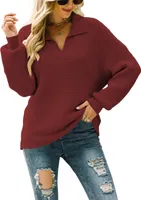 ASKSA Damen Strickpullover Rippstrick Reverskragen V-Ausschnitt Pullover Langarm Casual Oberteil, Rot, XL