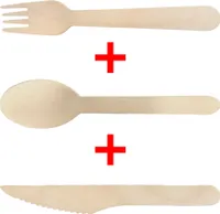 Set 100 Holzgabel + 100 Holzmesser + 100 Holzlöffel 16cm braun holz / Einweg Besteck