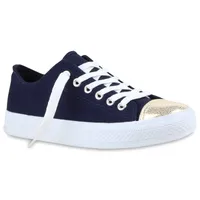 Mytrendshoe Modische Damen Sneakers Low Metallic Canvas Schuhe Freizeit 811111, Farbe: Dunkelblau, Größe: 36