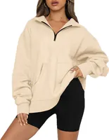 Viertelreißverschluss Kapuzenpullover Einfarbiger Taschen Pullover für Damen im Winter,Farbe: Aprikose, Größe:3XL