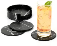 Premium Leder Glasuntersetzer mit Halter 6-er Set Tassenuntersetzer Geschäftsuntersetzer für Bar Büro Zuhause Marmor (Schwarz)