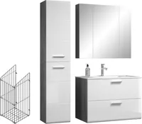Riva Badmöbelset E mit Bad Spiegelschrank rauchsilber Nachbildung, weiß Hochglanz.