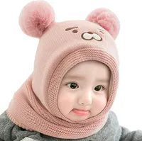 Baby schlupfmütze Warm Niedlich Bär Wintermütze Schalmütze Strickmütze mit Bommel Fleecefutter Beanie Mütze