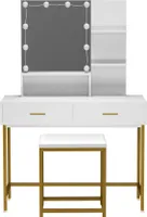 HOME DELUXE - Schminktisch KASIA - Farbe: Weiß, Gestell: Gold - 145 x 100 x 40 cm, 10 LED´s wählbar zwischen 3 Lichtfarben, steuerbar über Touchbutton I Kosmetiktisch Make UP Tisch