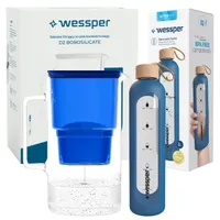 Zestaw Wessper: szklany dzbanek na wodę AquaMax Crystalline 3L z filtrem + szklana butelka motywacyjna ActiveMax 1L z silikonowym pokrowcem w kolorze niebieskim