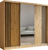 Masseno Schiebetürenschrank NELVIA 240 cm Kleiderschrank Schlafzimmer Schrank 3-türig mit Spiegel und Lamellen Eiche Artisan