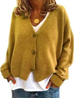 ASKSA Damen Strickpulli Lose Lässige Strickjacken V-Ausschnitt Einfarbig Knopf Strickjacke Pullover, Gelb, S