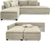 ECKSOFA-DAUERSCHLÄFER Doppelbett 306/223/95 cm Boxspring Federkern Topper, Schwenkteil beidseitig montierbar, Cord Beige Grau / 15161