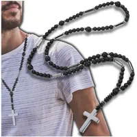 Herren-Silberkreuz-Halskette mit schwarzen Perlen und einem Kreuz