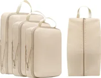 Compression Packing Cube, 4-teilig Koffer Organizer Set, Packwürfel für Kleidung, Travel Organizer Kleidertaschen Schuhbeutel und Wäschebeutel, Beige