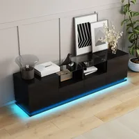 okwish TV-Schrank TV-Lowboard mit Glasböden und LED-Beleuchtung, 165*38*43 cm, Fernsehtisch Wohnzimmerschränke Hochglanz-schrank für Wohnzimmer, Schwarz