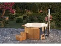 Finntherm Holz Badefass Stockholm aus Thermoholz, Hot Tub Ø 200 cm, 8 Personen, inkl. Edelstahl-Ofen (30 kW), Minibar, Schwimmbecken, Badebottich, Sprudelbad