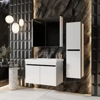 KAREN banyo Badmöbel Set Venus 50 Weiß | Keramikwaschbecken | Unterschrank | Spiegelschrank | Softclose-Türen & unsichtbare Griffe | Futuristischer Stil | Badezimmermöbel Waschtischunterschrank