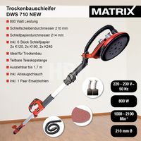 MATRIX Trockenbauschleifer Langhals Wandschleifer DWS 710 800W