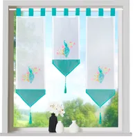 heimtexland ® Scheibengardine Set 3-tlg Schlaufen Gardine Bestickt Fensterdeko Typ710 Pfau Türkis