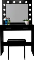 Aga Schminktisch mit Spiegel 12 LED Glühbirnen und gepolsterter Hocker Schwarz matt