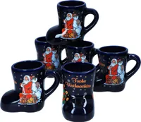 6x Glühweinstiefel blau Weihnachts-Motiv 200ml geeicht Keramik
