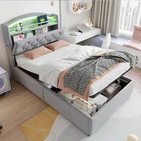 Flieks Hydraulisches Polsterbett 90x200cm mit Ladefunktion und Led, Jugendbett Kinderbett mit Regal und Klappbarem Kopfteil, Einzelbett Samt, Grau