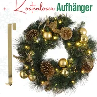 MeisterHome ® Künstlicher Weihnachtskranz Adventskranz für Tür Ø 50 cm - Weihnachtlicher Türkranz für Innen und Außen mit 35 LEDs, Timer und Gold Dekoration + Goldfarbener Aufhänger