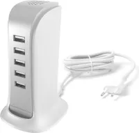 Nabíječka Dudao, 5x USB, s integrovaným napájecím kabelem, EU, bílá