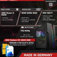 SYSTEMTREFF Gaming Komplett PC - Ryzen 5 5600 - AMD RX 6600 8GB - 16GB DDR4 - 1TB M.2 SSD (NVMe) MSI Spatium +  - 24 Zoll TFT - Desktop
