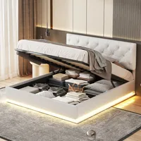 Fortuna Lai Polsterbett 140x200cm mit Bettkasten und LED-Beleuchtung, hydraulisches Boxspringbett mit höhenverstellbarem Kopfteil und Lattenrost, Leinen Doppelbett Jugendbett Stauraumbett, Weiß