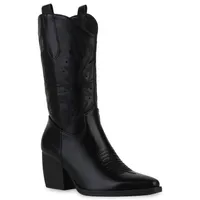 VAN HILL Damen Cowboystiefel Stiefel Spitze Cut-Outs Stickereien Schuhe 840144, Farbe: Schwarz, Größe: 39