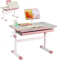 Kinderschreibtisch höhenverstellbar, Schülerschreibtisch neigungsverstellbar, Schreibtisch Kinder, Jugendschreibtisch mit Bücherständer und Schublade (Rosa)