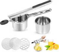 Kartoffelpresse, Kartoffelstampfer aus lebensmittelechtem Edelstahl mit Silikongriff, spülmaschinenfeste Obst- und Gemüsepresse