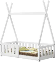 [en.casa] Łóżko dziecięce 70x140cm białe z zabezpieczeniem przed wypadnięciem w kształcie tipi wykonane z drewna sosnowego łóżko młodzieżowe łóżko drewniane łóżko domowe