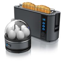 Arendo - SET Toaster FRUKOST mit Eierkocher SEVENCOOK Edelstahl Grau, Toaster 2 Scheiben, LED-Display, 6 Bräunungsgrade, Brötchenhalter - Eierkocher 1-7 Eier, Messbecher